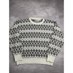 Vintage London Fog Sweater Mens Large Gray Cream Argyle Crewneck Made USA‎ 90s